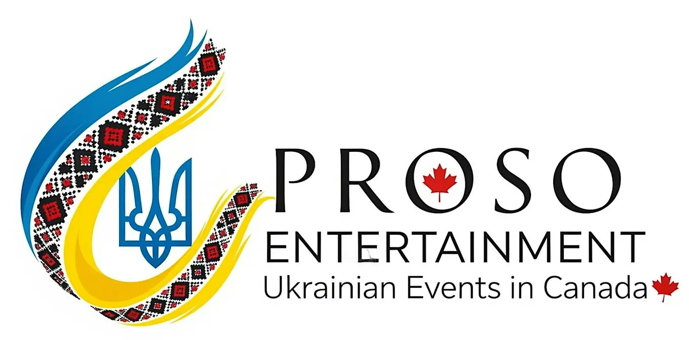 Proso Entertainment logo: an embroidered ribbon in blue and yellow around a trident, with the words Ukrainian Events in Canada