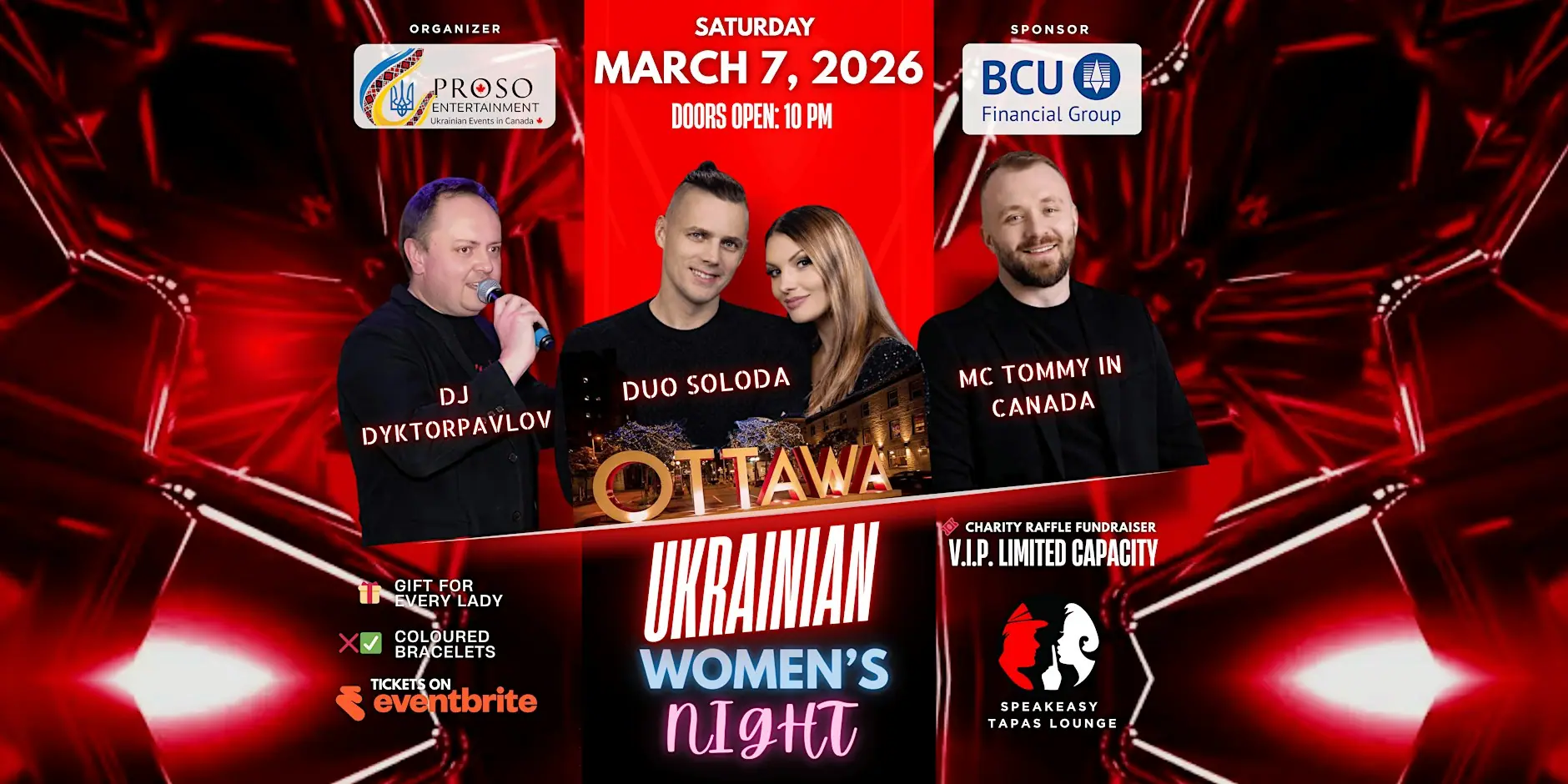 Poster for Ottawa Ukrainian Women's Night, 7 March 2026, at Speakeasy Tapas Lounge